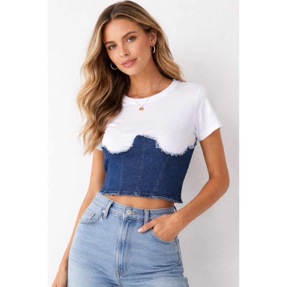 Love J Denim Corset Style Crop Top White Blue Stretch Short Sleeve Womens L